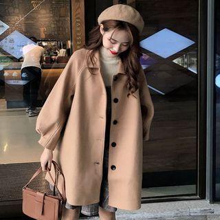 Raglan-sleeve Plain Woolen Coat