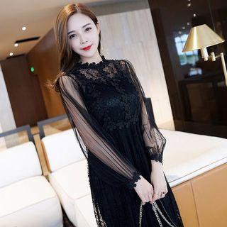 Mesh Panel Long-sleeve Midi Lace Dress