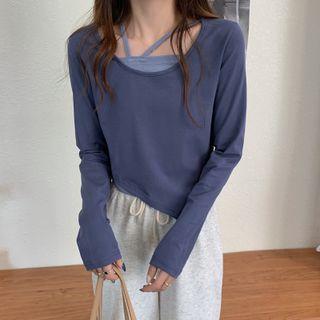 Mock Two-piece Long-sleeve Irregular Cropped T-shirt