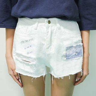 Printed Distressed Denim Shorts