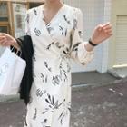 Long Sleeve Pattern V-neck Dress White - One Size