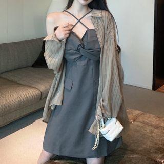 Striped Shirt / Halter Neck Mini A-line Dress