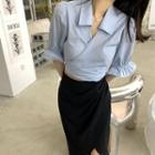Set; Short-sleeve V-neck Cropped Blouse + Asymmetrical Pencil Skirt