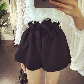 Tie-waist Wide-leg Plain Shorts