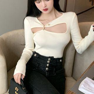 Plain Cutout Knit Top White - One Size