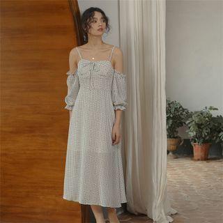 3/4-sleeve Cold-shoulder Plaid Midi A-line Dress