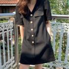 Short-sleeve Buttoned A-line Mini Dress Black - One Size