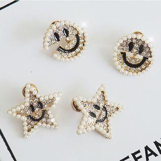 Faux Pearl Rhinestone Smiley / Star Earring