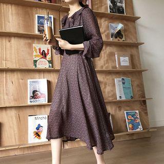 Long-sleeve Floral Print Ruffled Midi A-line Dress