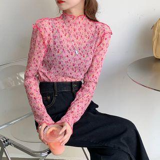 Plain Cardigan / Long-sleeve Floral Top