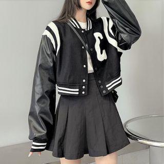 Letter Embroidered Bomber Jacket Black - One Size