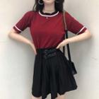 Mini A-line Pleated Skirt / Short-sleeve Contrast Trim Top