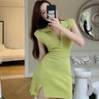 Cap-sleeve Knit Polo Dress Green - One Size