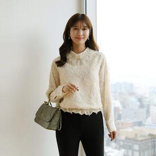 Crochet-collar Smocked-hem Fringed Blouse