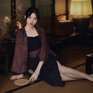 Jacquard Jacket / Spaghetti Strap Midi A-line Dress With Belt