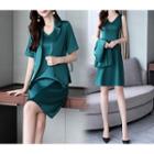 Set: Short-sleeve Satin Blazer + Sleeveless A-line Dress