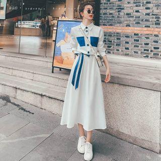 Contrast Trim Long Sleeve A-line Shirtdress