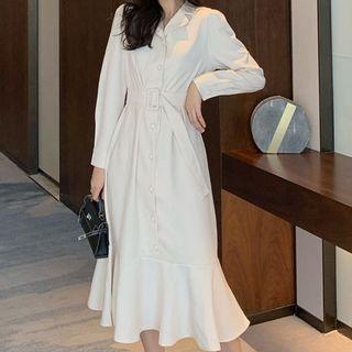 Notch Lapel Long-sleeve Fish Tail Maxi Dress