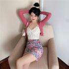 Floral Print Mini Fitted Skirt / Lace Bralette / Cardigan