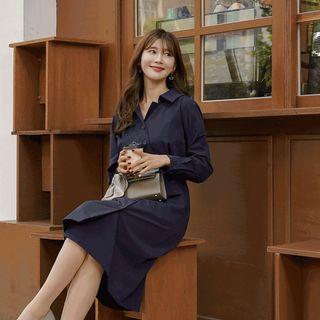 Belted Midi Shirtdress Long Sleeve - Navy Blue - One Size