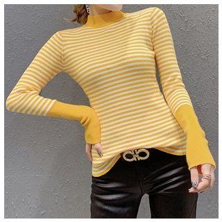 Mock-turtleneck Striped Ribbed Knit Top