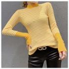 Mock-turtleneck Striped Ribbed Knit Top