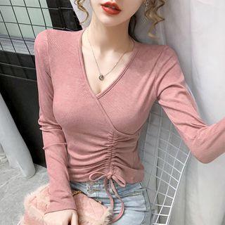 Long-sleeve V-neck Drawstring Plain Top