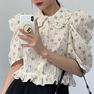 Short-sleeve Floral Print Blouse Floral Print - Beige - One Size