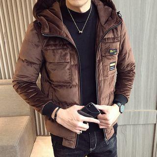 Applique Zip Hooded Velvet Padded Jacket