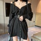 Long-sleeve Cold-shoulder Buckled Mini Shirt Dress