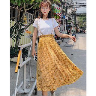 Set: Short-sleeve Top + Spaghetti Strap Floral Print Midi Skirt