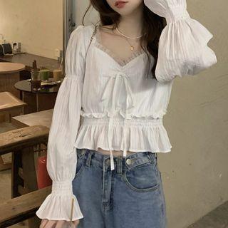Long-sleeve Frill Trim Bow Crop Top