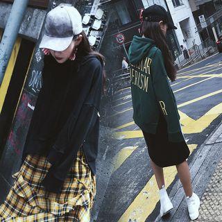 Long Sleeve Letter Embroidered Slit Side Hooded Top