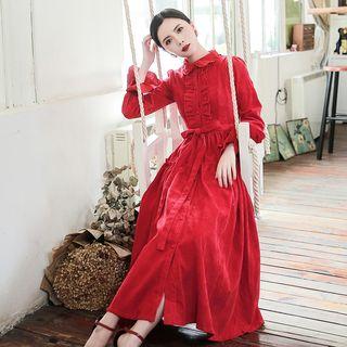 Corduroy Long-sleeve Ruffle Trim Midi A-line Dress