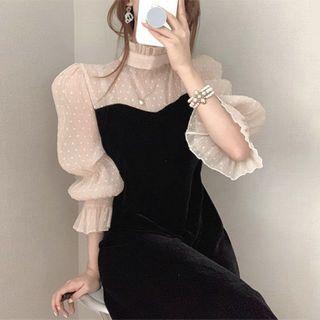 Mock Two-piece Puff-sleeve Velvet Dress Black - One Size
