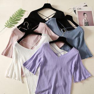 Cross Back Elbow-sleeve Knit Top
