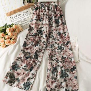 Flower-print Wide-leg Pants White - One Size