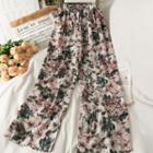 Flower-print Wide-leg Pants White - One Size