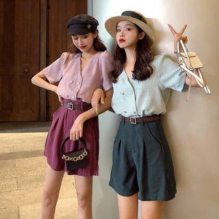 V-neck Loose-fit Short-sleeve Blouse / Plain High-waist Shorts