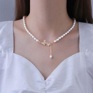 Butterfly Faux Pearl Necklace White & Gold - One Size