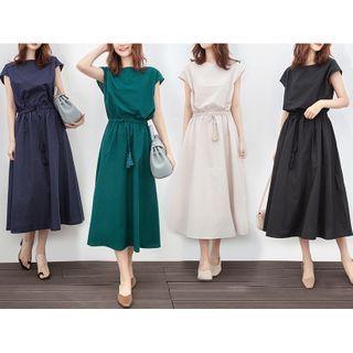 Short-sleeve Sashed Midi A-line Linen Dress