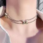 Butterfly Rhinestone Layered Stainless Steel Choker Necklace - Stainless Steel - Silver - One Size