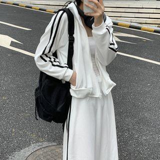 Set: Striped Panel Zipped Jacket + Midi Skirt Set - Jacket & Skirt - White - One Size