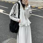 Set: Striped Panel Zipped Jacket + Midi Skirt Set - Jacket & Skirt - White - One Size