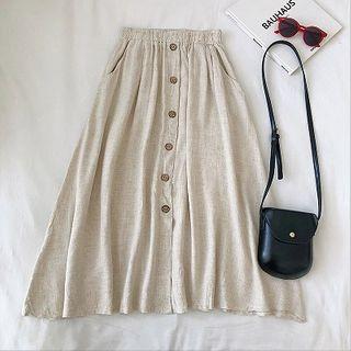 Plain Single-breasted High-waist A-line Skirt Almond - One Size