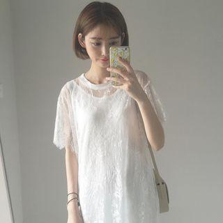 Set: Short Sleeve Lace Dress + Slipdress