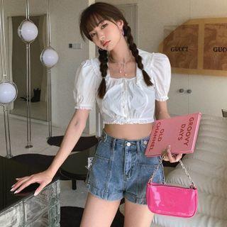 Puff-sleeve Button-up Cropped Blouse