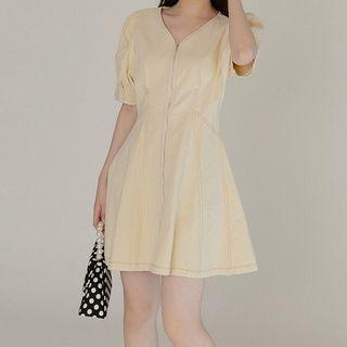 V-neck Zip-front Short-sleeve A-line Mini Dress