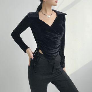 Collared Drawstring Velvet Top