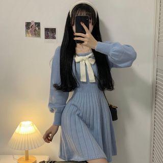 Long-sleeve Bow Knit Mini Dress Blue - One Size